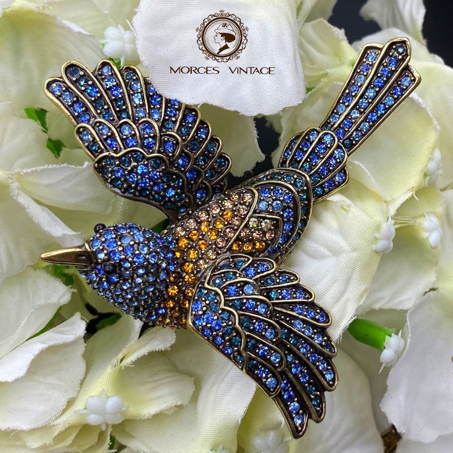 HEI Antique Gold Austrian Crystal Kingfisher Butterfly Love Heart Unicorn Brooch