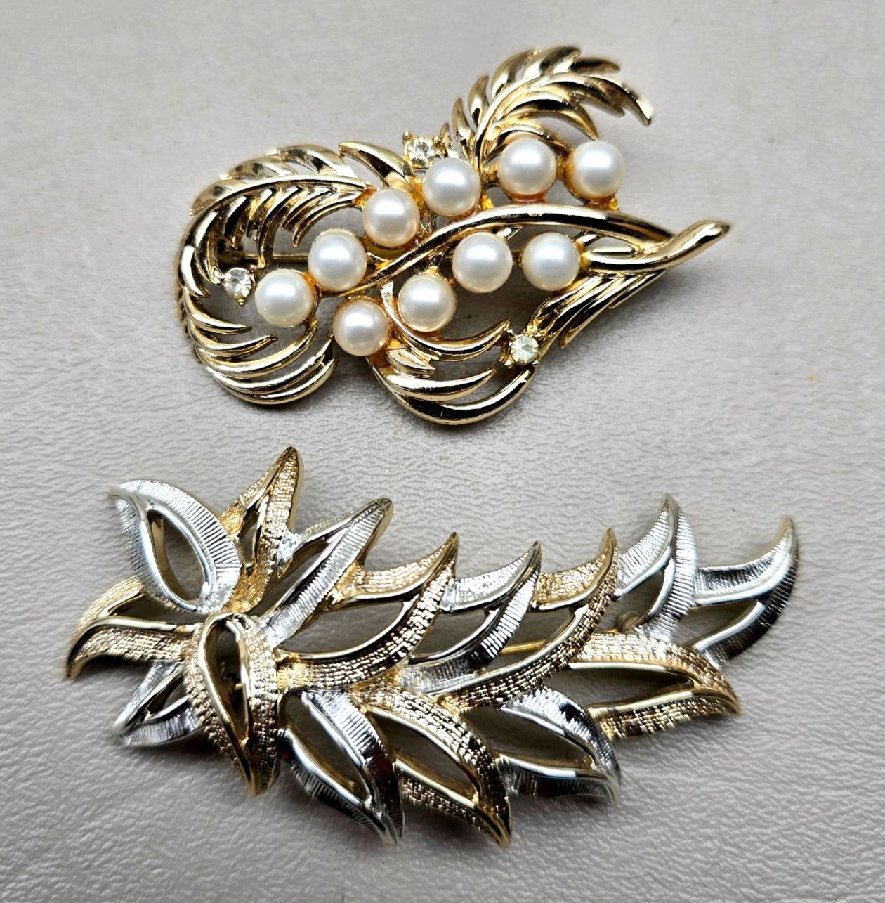 Vintage Kramer Coro Brooch Pair Faux Pearl Gold Tone Two Tone Leaf 2 Brooches