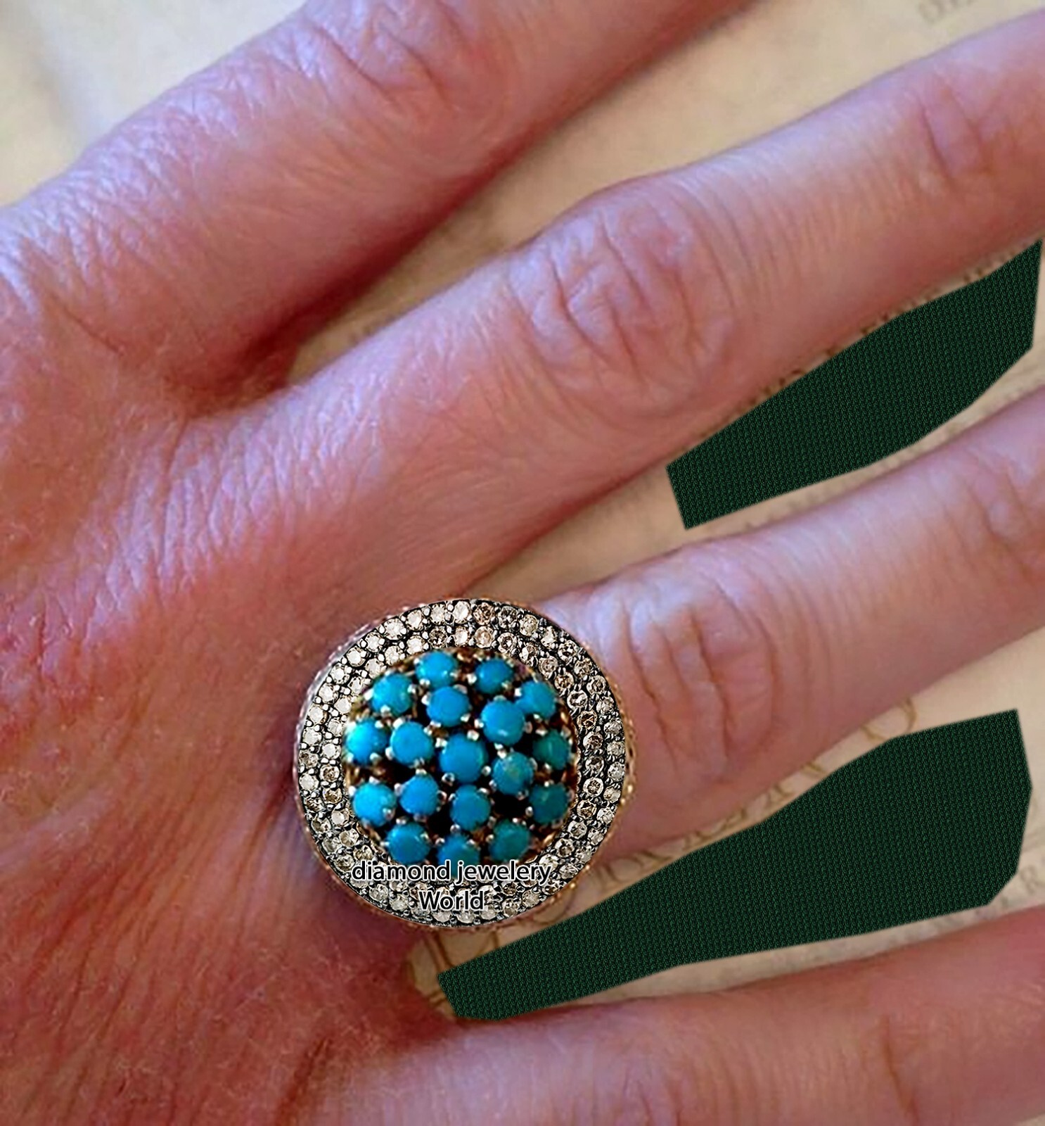 1.31ctw Rose Cut Diamond Turquoise Studded Silver Vintage Gorgeous Ring Jewelry