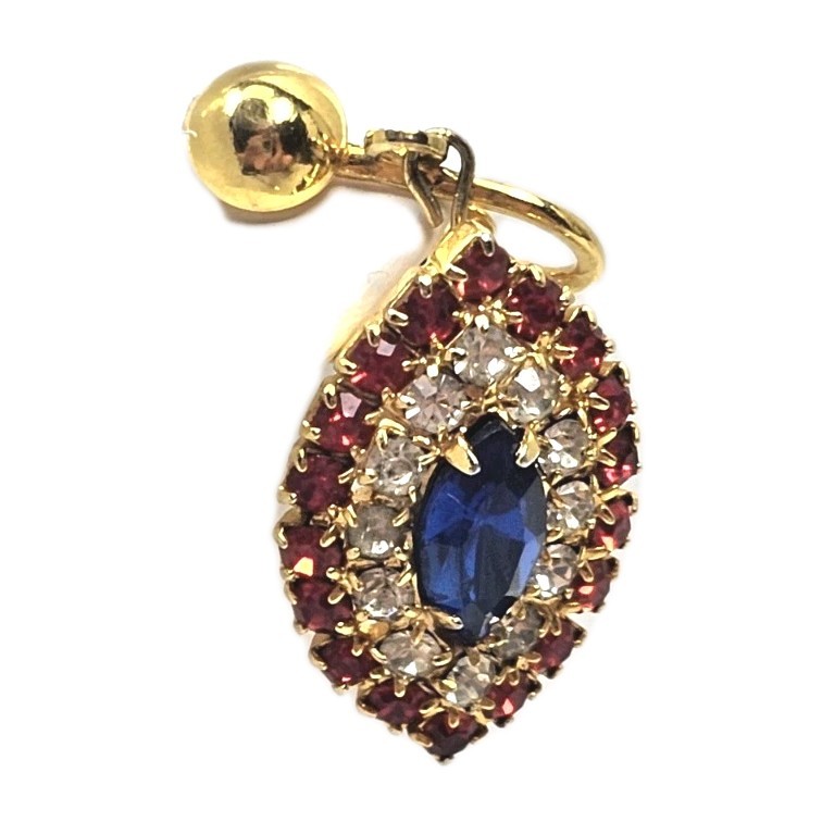 Vintage Patriotic Red White Blue Rhinestone Clip On Earrings | 1.5″ | Gold Tone
