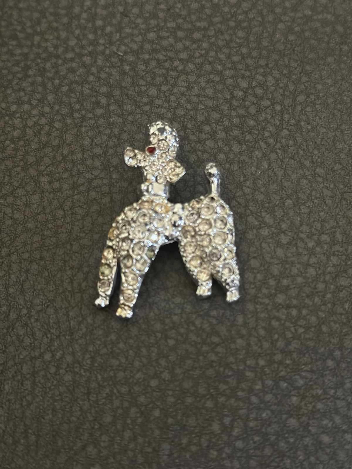 Vintage Pot Metal Rhinestone Poodle Dog Brooch Pin Silver Tone Clear Crystal