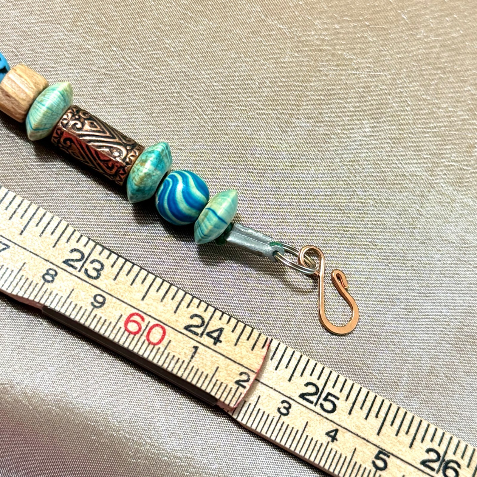 Boho Turquoise Beaded Necklace, Blue & Brown in Wood, Stone, Nut, & Metal – 25″