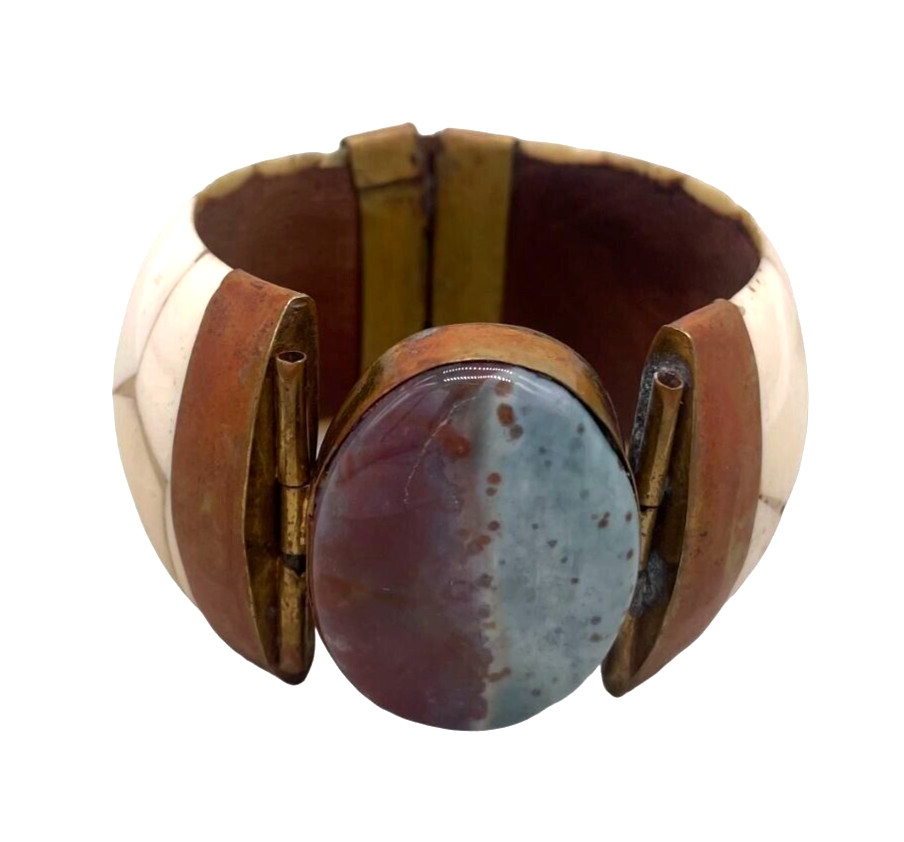 Vintage Brass Stone Wide Bangle Hinged Pin Bracelet Chunky African Tribal Ethnic