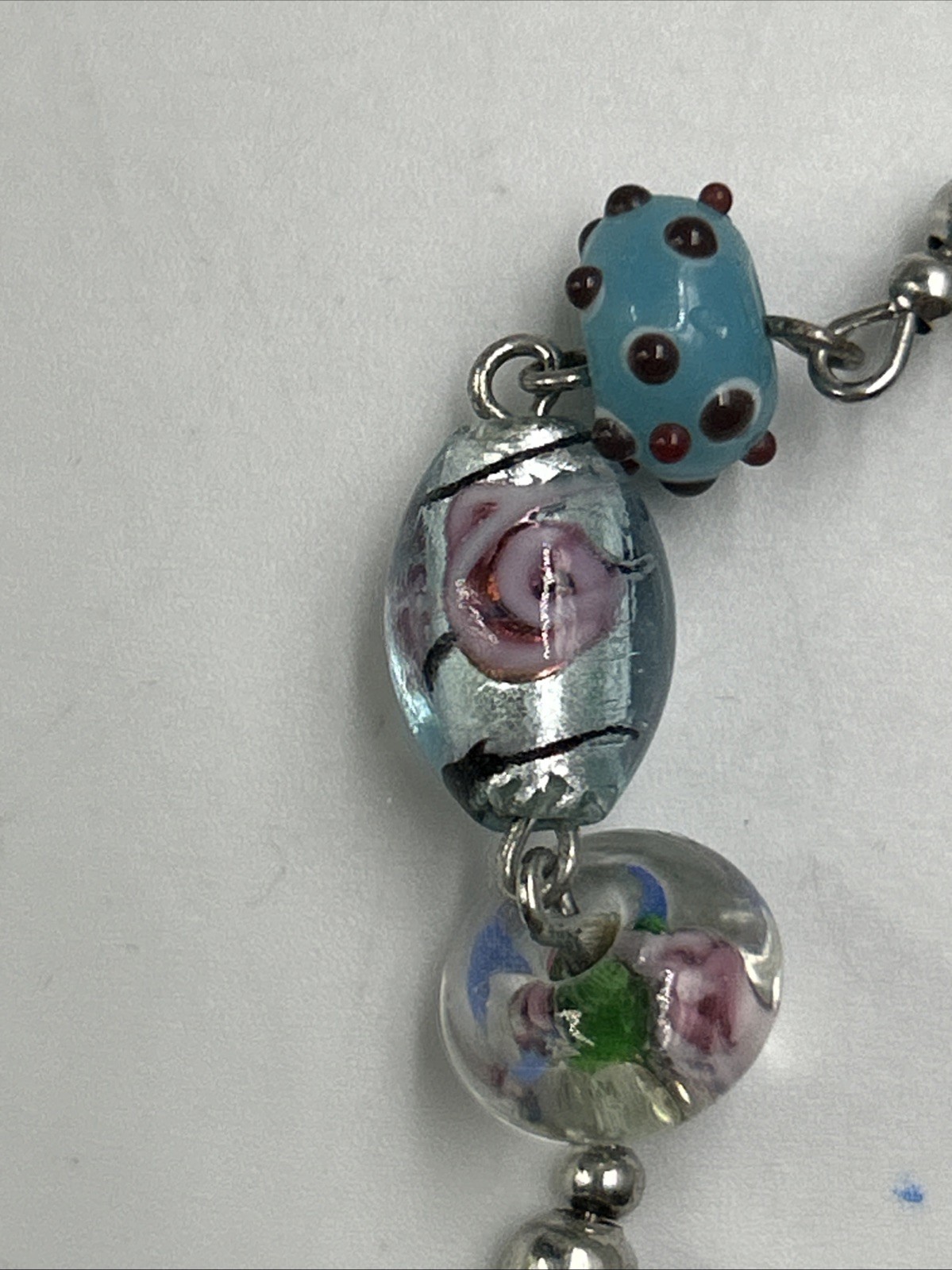 VTG Premier Design Art Glass Beaded Necklace Silver Tone Signed 30”w/2”