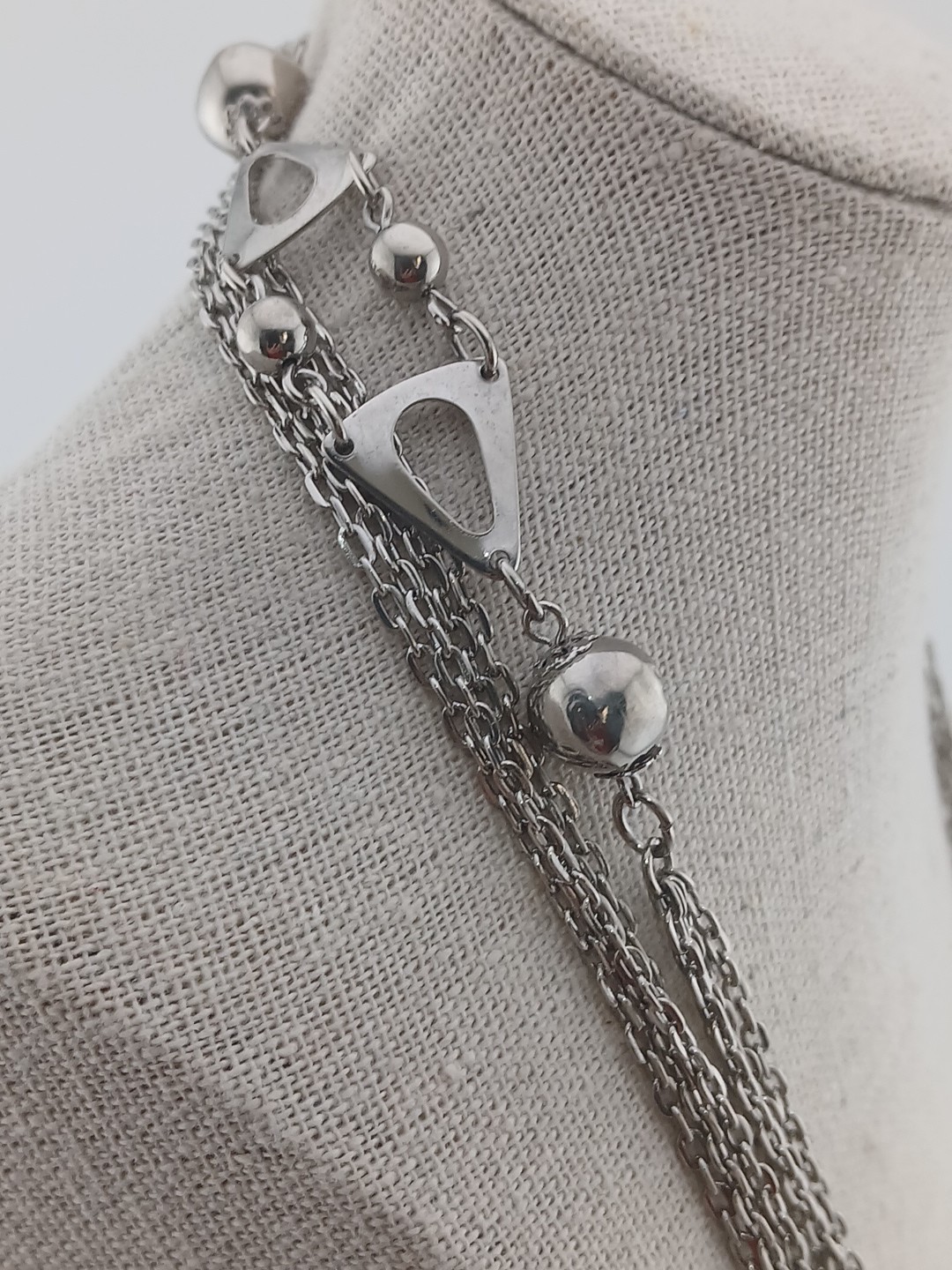 1960s silver tone multi chains ball beads open triangle design accents necklace