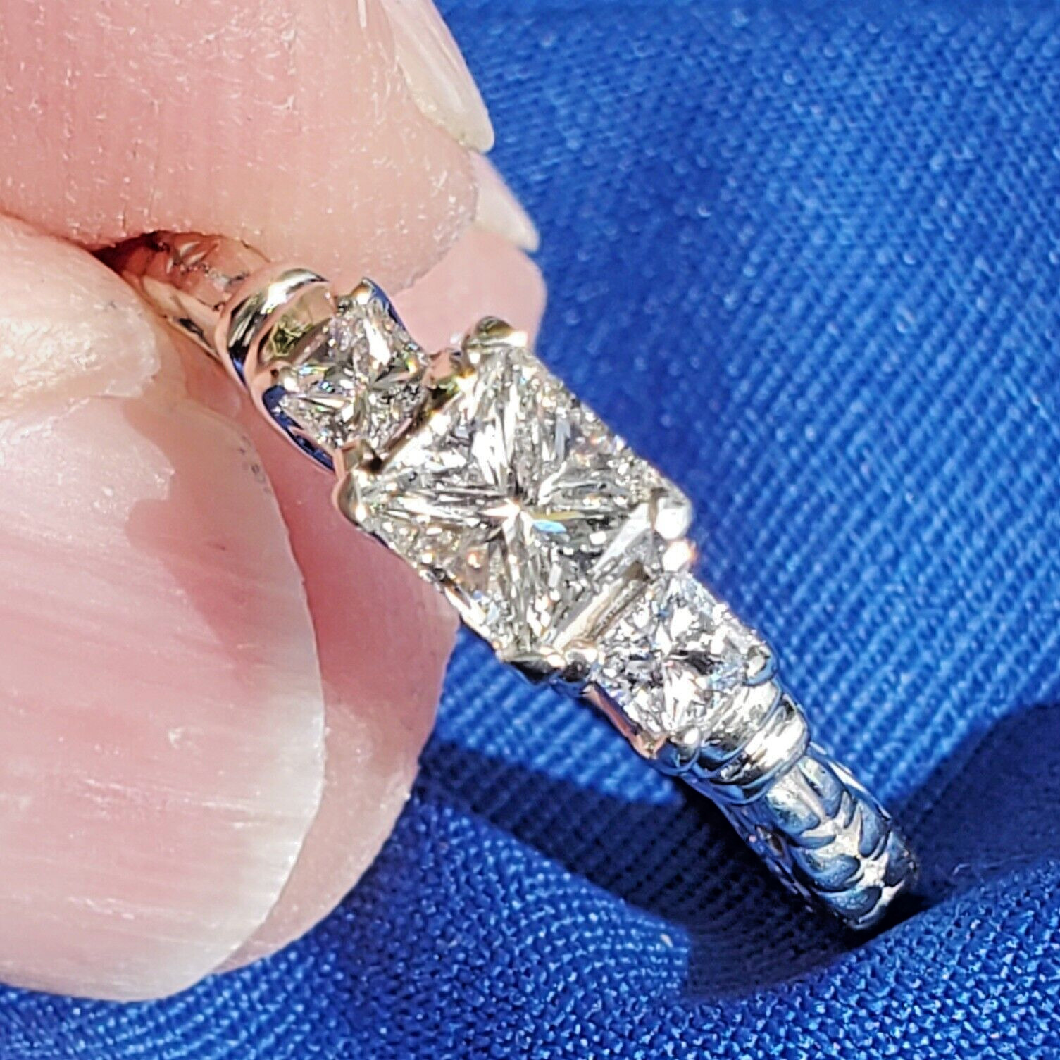 Original EARTH MINED DIAMOND Princess Engagement Ring 3 Stone Solitaire 14K GOLD