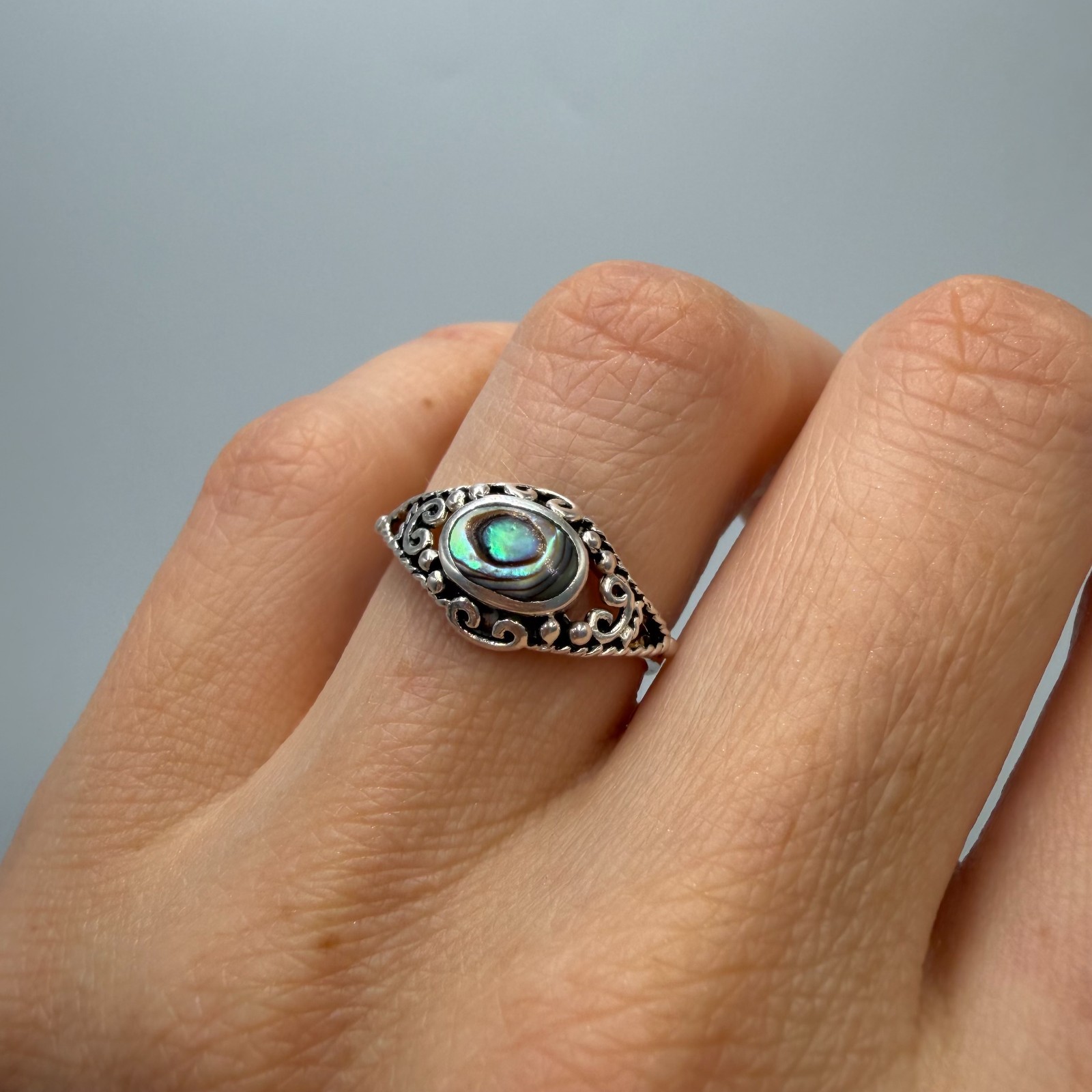 Vintage 925 Sterling Silver Abalone Shell Ring Filigree Boho Women Size 5.5