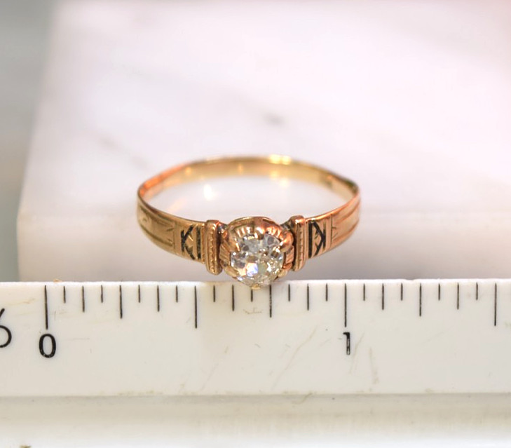 Antique Edwardian 14K Rose Gold .34ct Mine Cut Diamond Solitaire Ring Sz 8.4