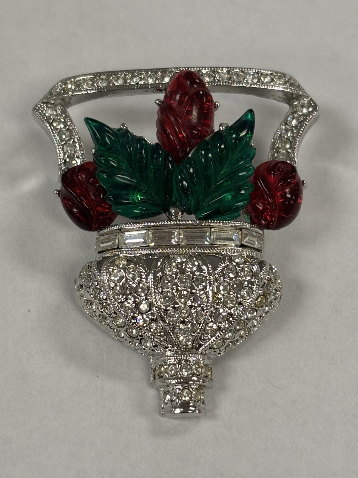 RARE Signed ART DECO 89 Floral Basket Brooch Pin Rhinestone Resin UNWORN HTF