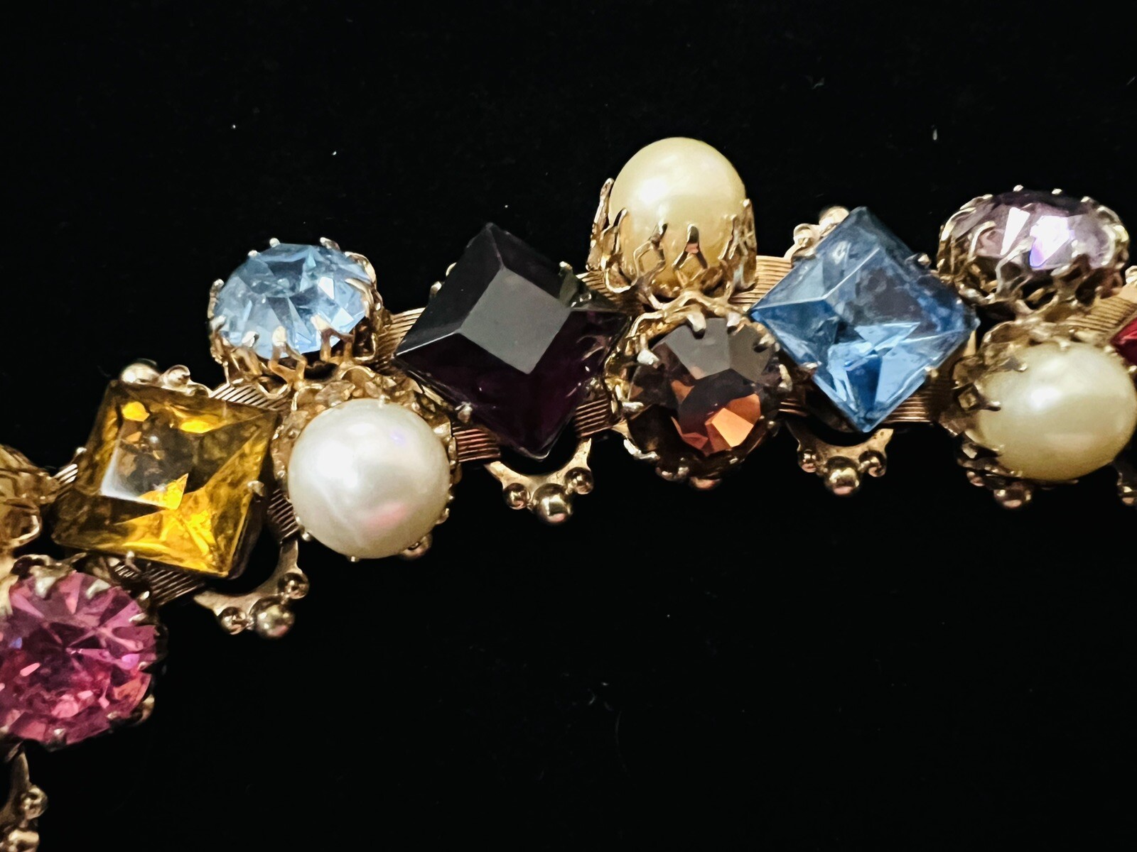 Victorian Revival Gold Tone Multicolored Rhinestone & Pearl Book Chain Bracelet