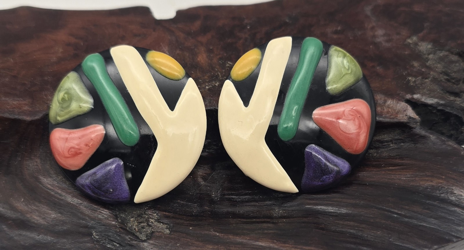 Authentic 1980’s Enameled Abstract Multi Color Large Round Pierced Earrings