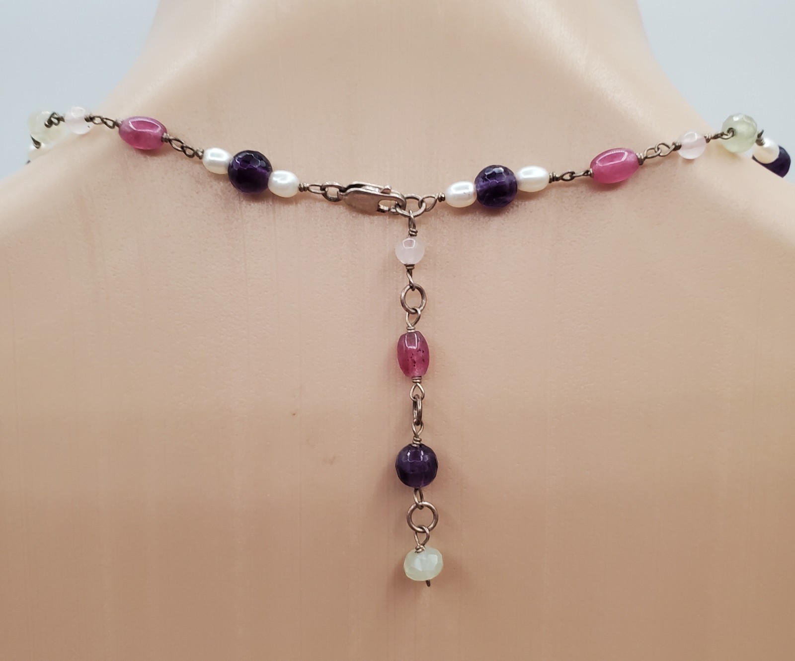 VTG 925 Pearl and Gemstone Jade Teardrop Necklace 18in Sterling Silver 12gtw