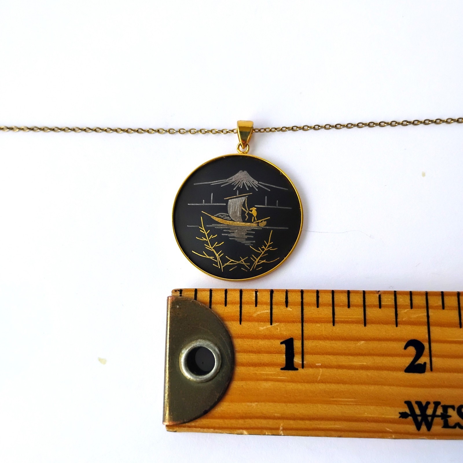Vintage Japanese Damascene Amita Pendant Necklace plus Petite Dragon Boat Brooch