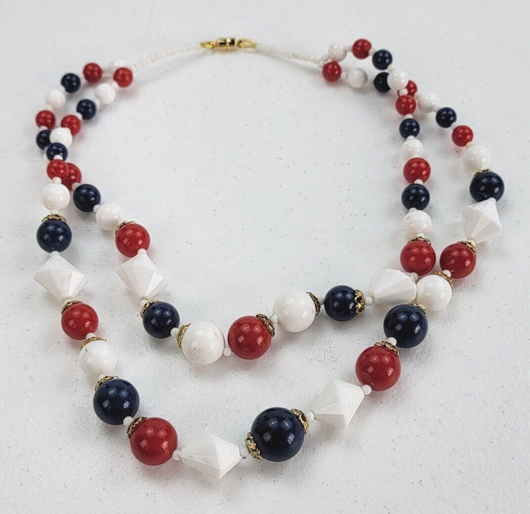 Vintage Patriotic Red White Blue Lucite Double Strand Necklace 18 In USA
