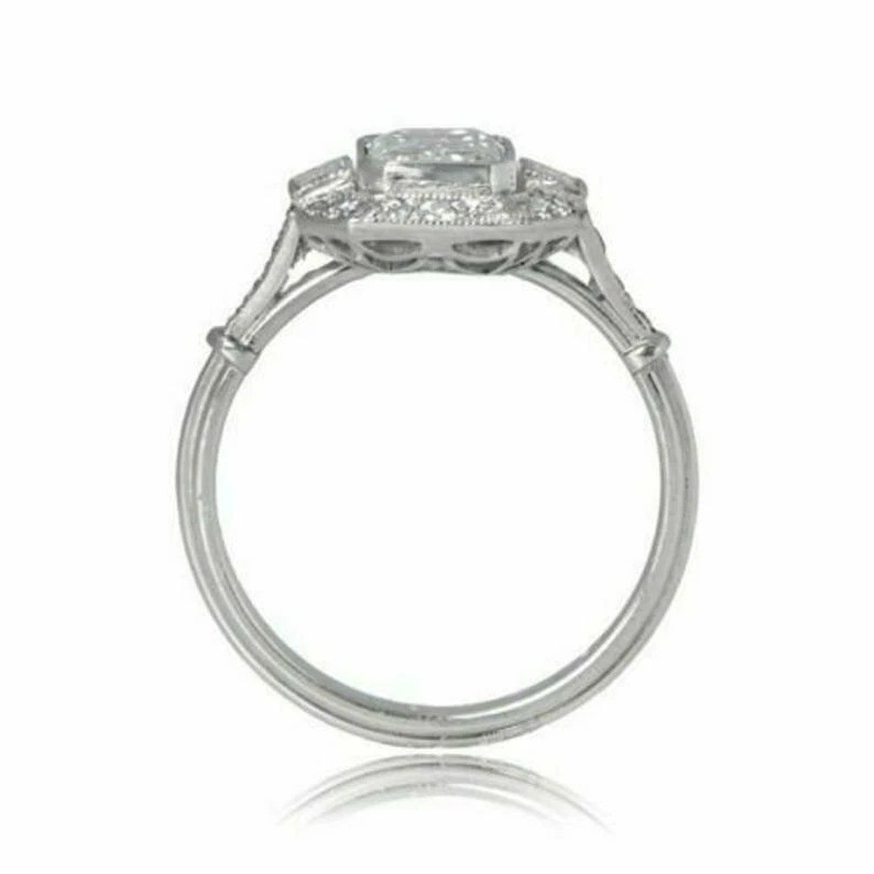 Art Deco Emerald Cut Lab Created Diamond Engagement 14Ct White Gold Finish Ring