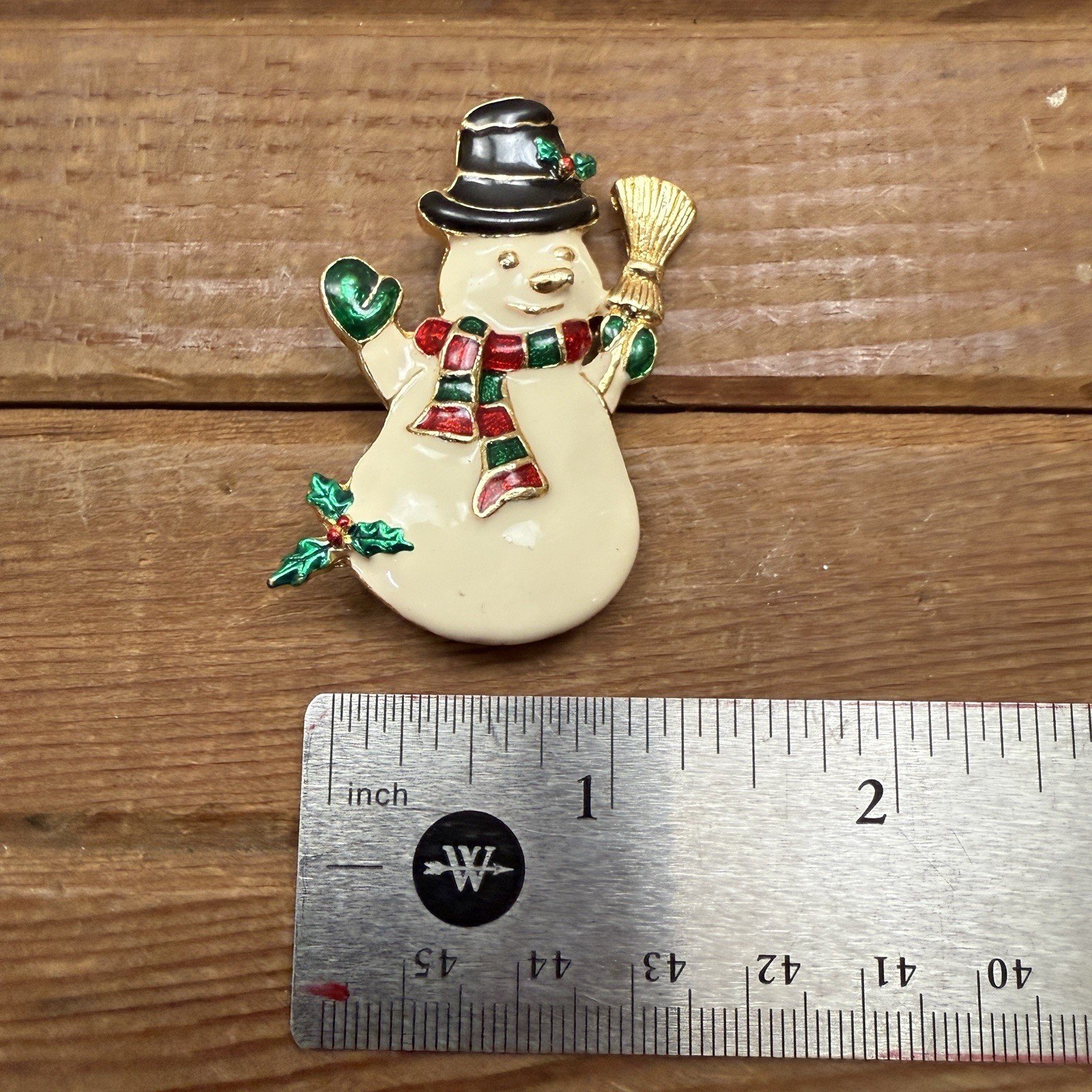 Vintage Snowman Brooch Pin Gold Tone Enameled Christmas Holiday Winter XMAS