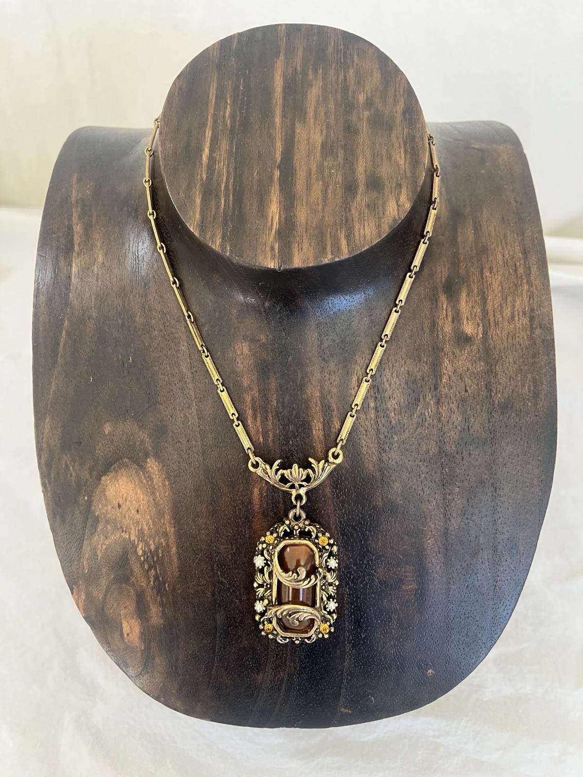 Vintage Amber Necklace with Filigree Detail Victorian Art Nouveau Czech Style