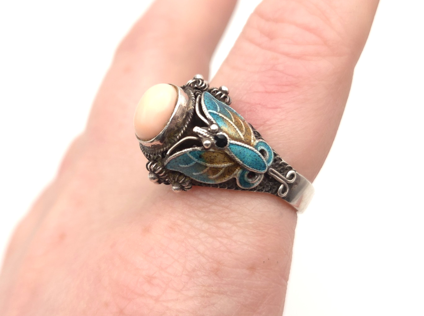 Vintage BJ Designer Sterling Silver Enamel Butterfly Pink Coral Ring Sz. 9