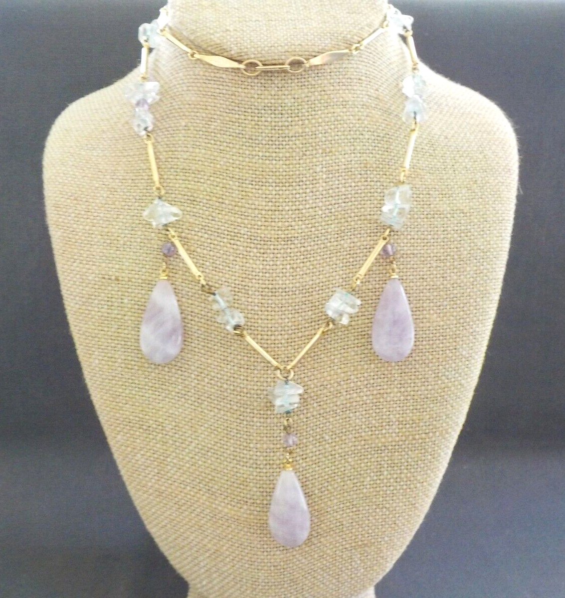 Hobe Amethyst ?? Teardrop & Dyed Chip Gold Tone Metal Clasp Necklace Signed No.