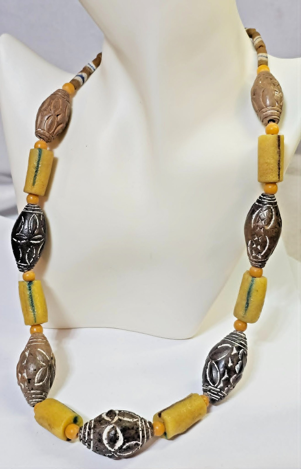 Tibetan Dzi/ African Trade? Necklace Large Yellow Glass Brown Ceramic Beads Boho