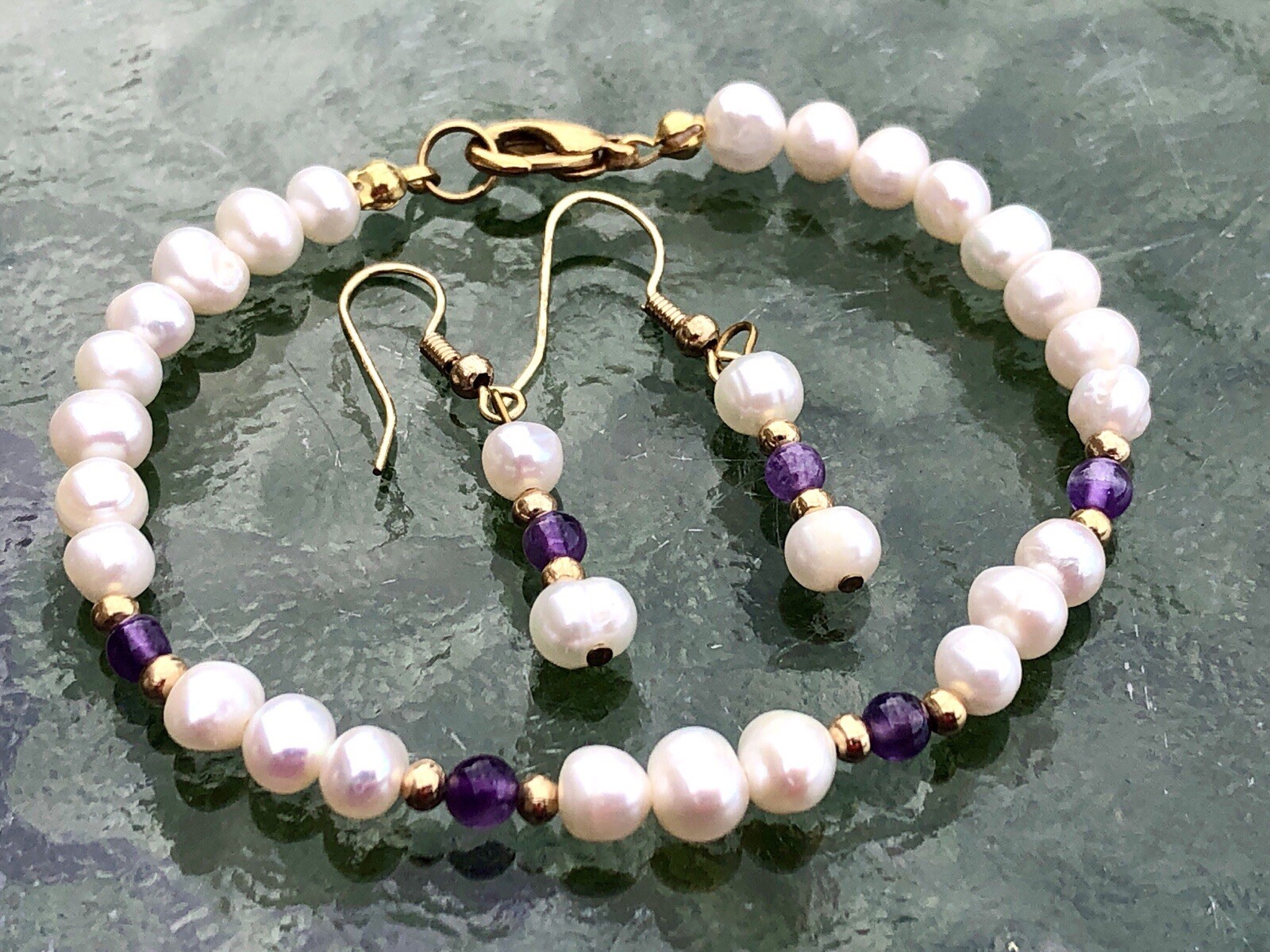Vintage Genuine Pearl And Lavender Purple Amethyst Bead Bracelet & Earrings