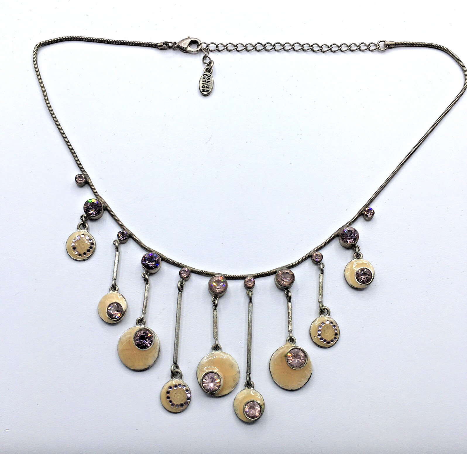 Vtg Pilgrim Danish Design Silver Tone Rhinestone Enamel Adjustable 17″ Necklace