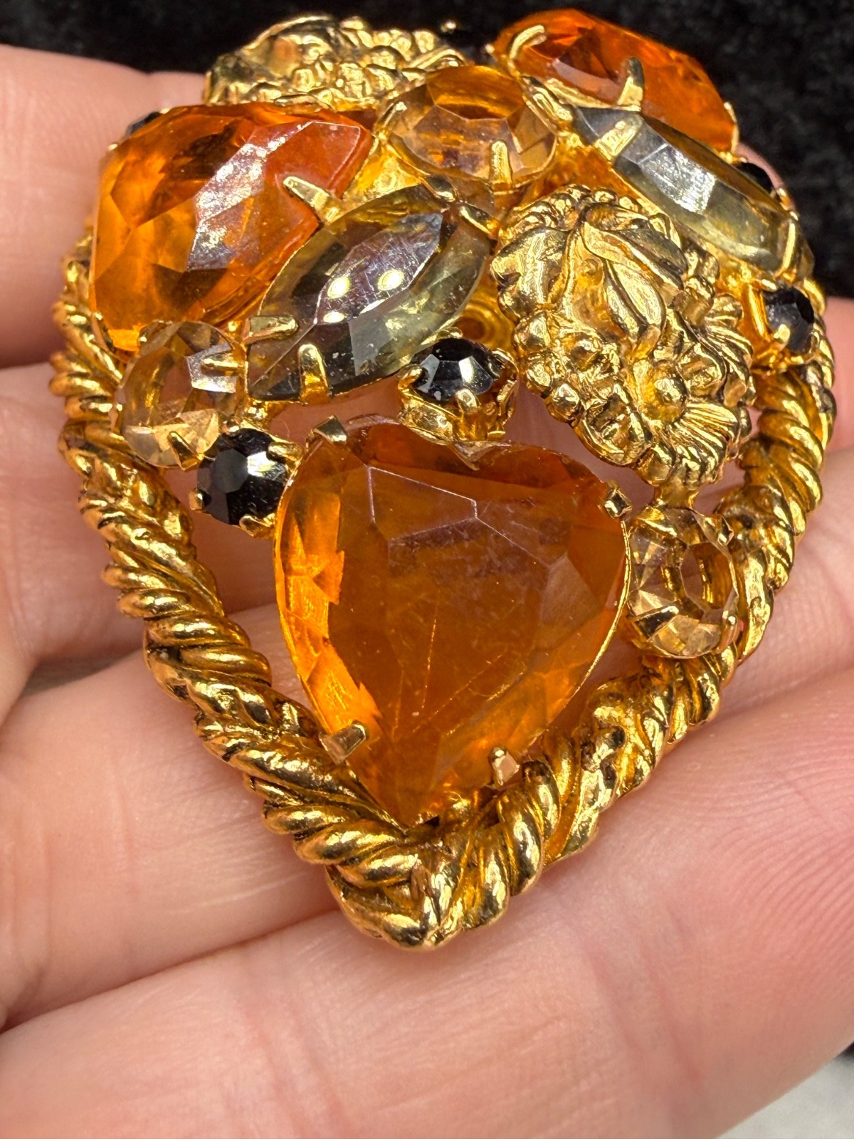 Vintage Rhinestone Brooch Orange Domed Fall Autumn