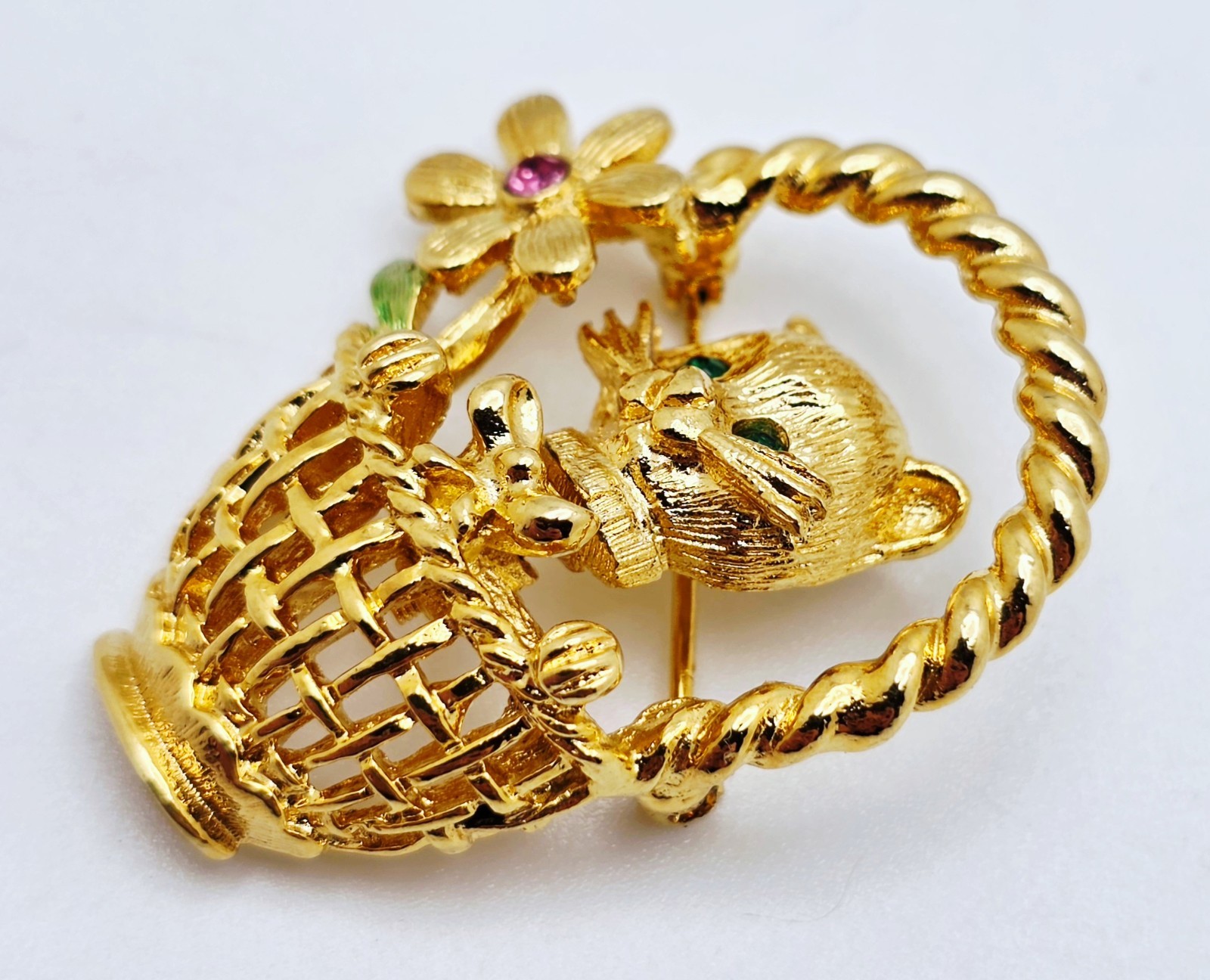 Vintage Signed Trifari Rhinestone Kitten / Cat in Flower Basket Trembler Brooch