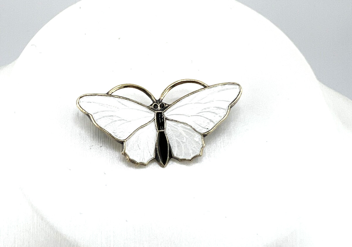 Vintage Norway Sterling silver butterfly pin brooch white enamel Aksel Holmsen