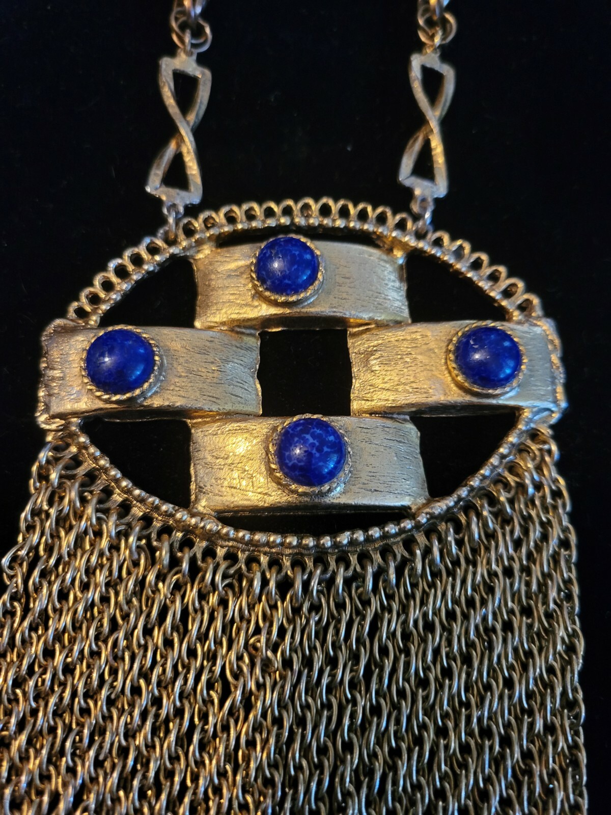 Vintage Very Large Bold Goldtone Blue Stone Edlee multi stand chain Necklace