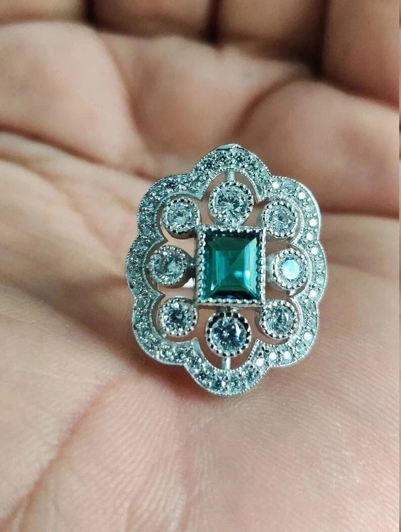 1.5CtArt Deco Style Lab Created Diamond & Emerald Wedding 14K White Gold FN Ring