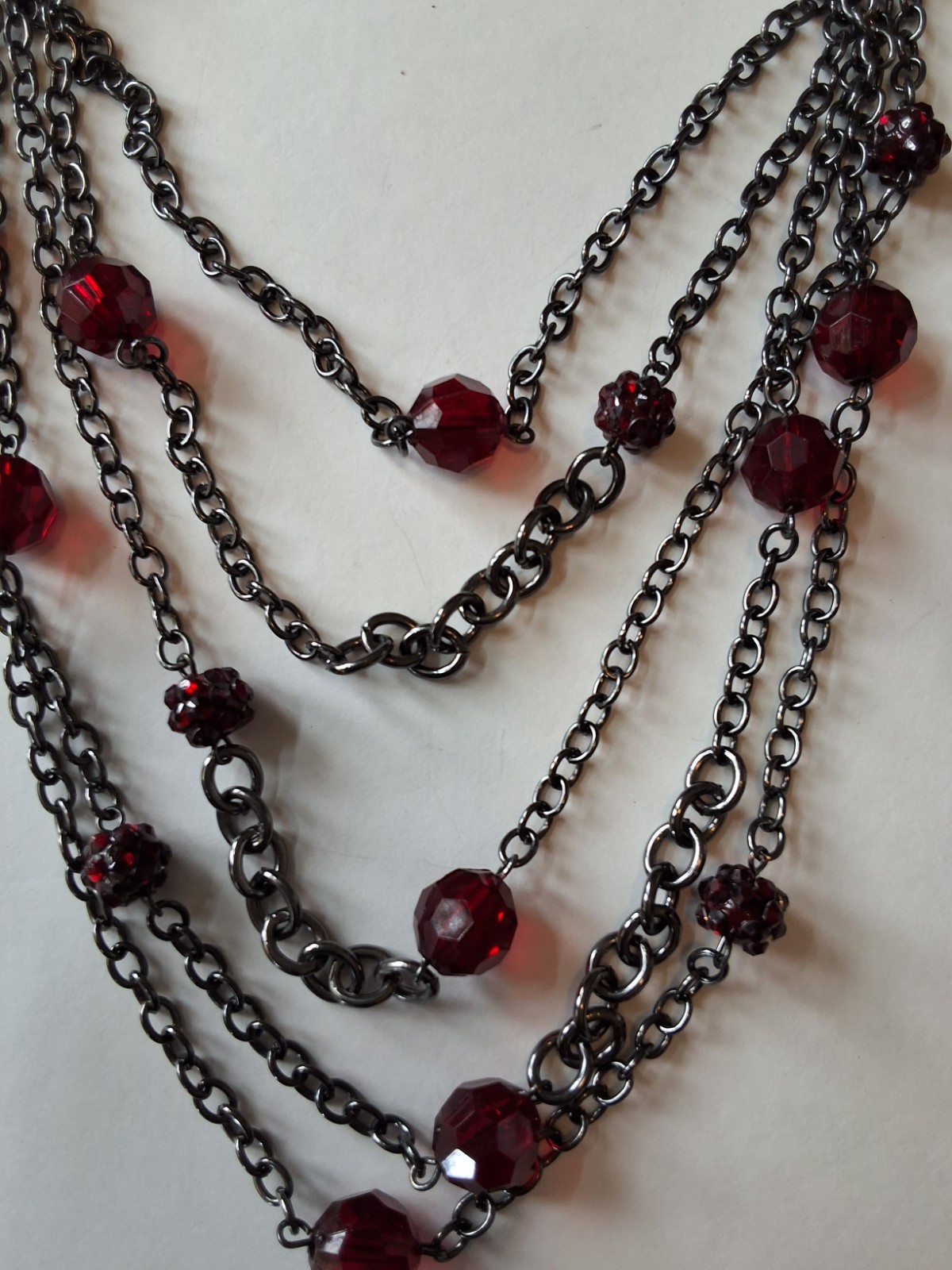 Vintage Multi Strand Tassel Necklace with Deep Red Acrylic Beads and Bracelet.