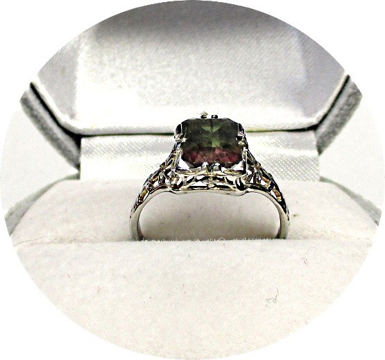 Pretty TOURMALINE Ring, Natural Bi-Color, Red Green – 14k White Gold Filigree
