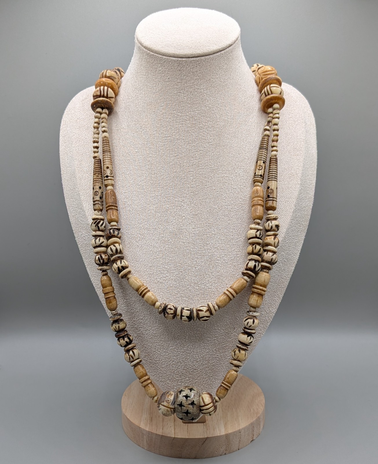 Vtg African Tribal Bovine Bone Chunky Double Strand Layer Statement Necklace 32″