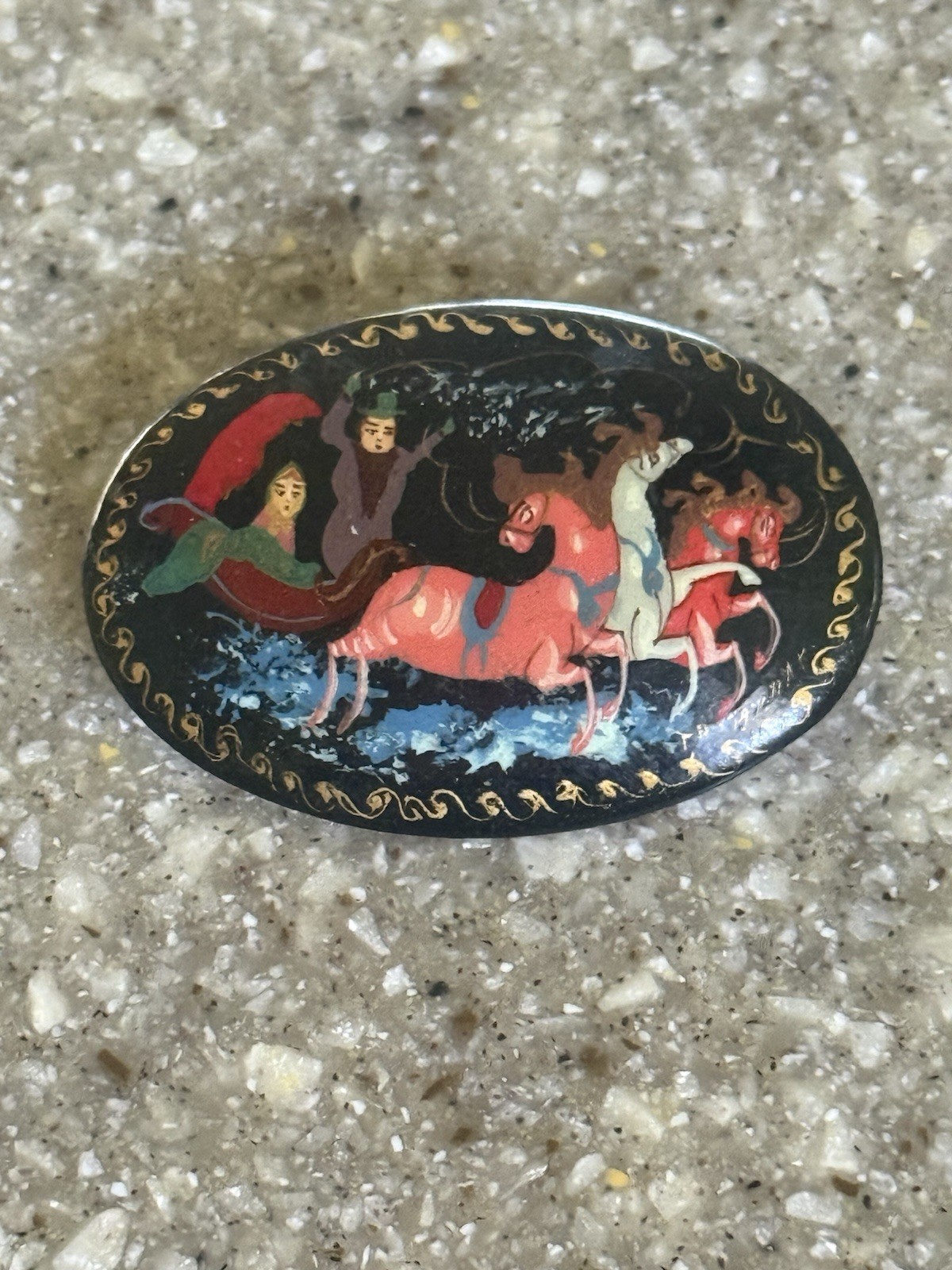 Vintage Russian Hand Painted Lacquer Troika 3 Horses Folk Art Pin/Brooch