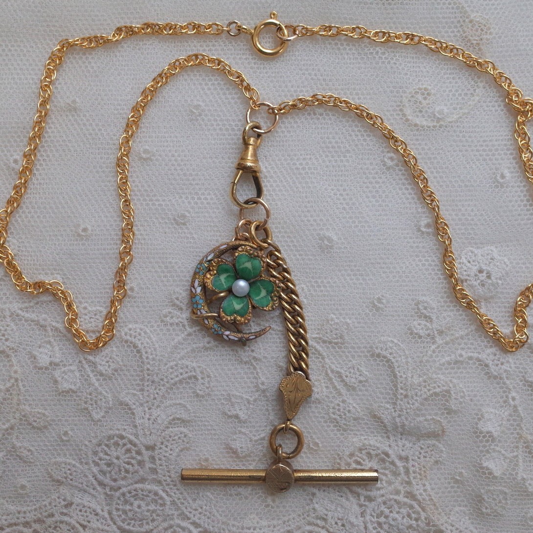 Antique Rolled Gold Enamel Four Leaf Clover & Crescent Pendant Necklace Pearl