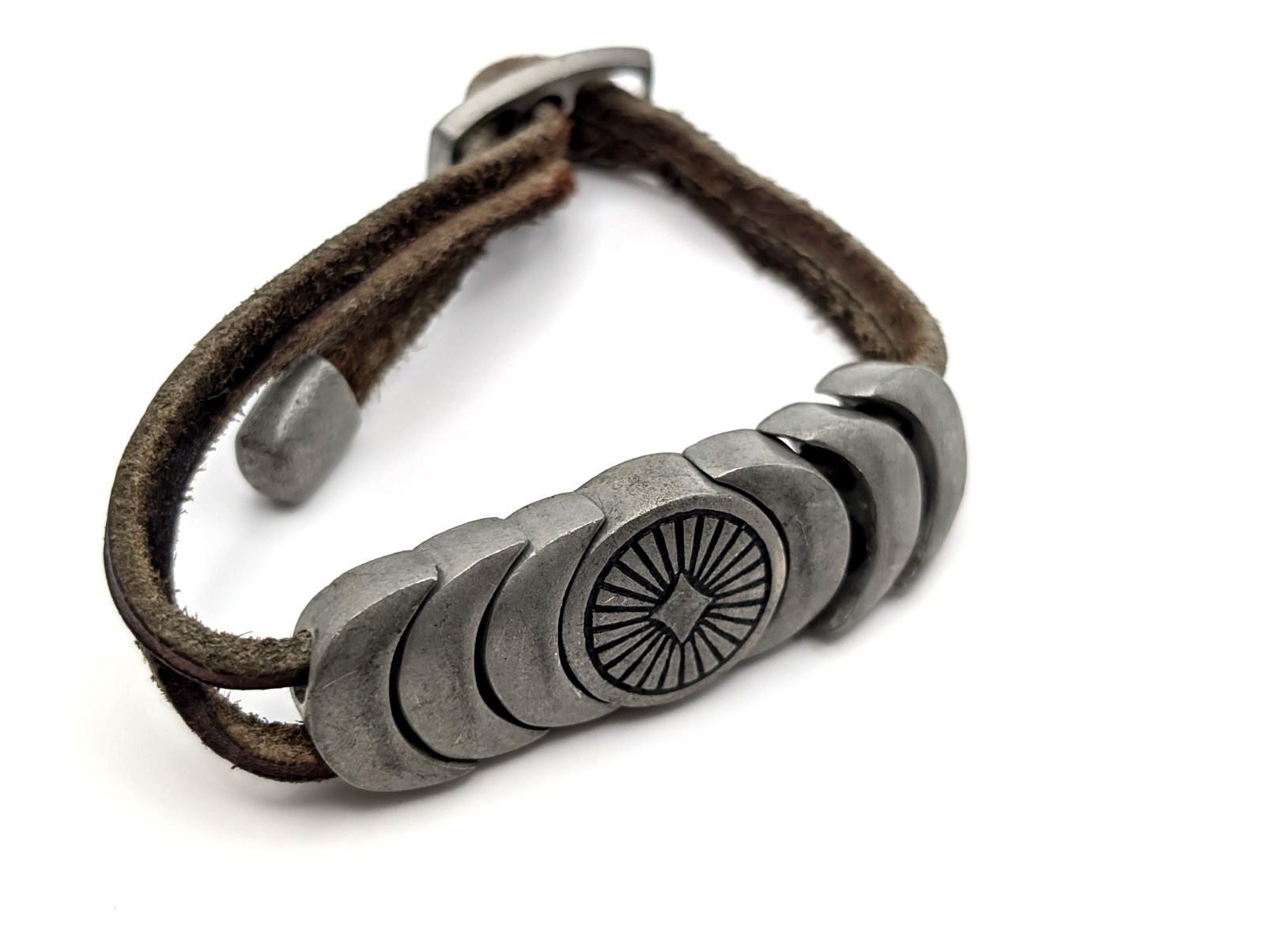Vintage Pewter Triple Moon Bracelet Leather Cord Celestial Boho Slider Unisex