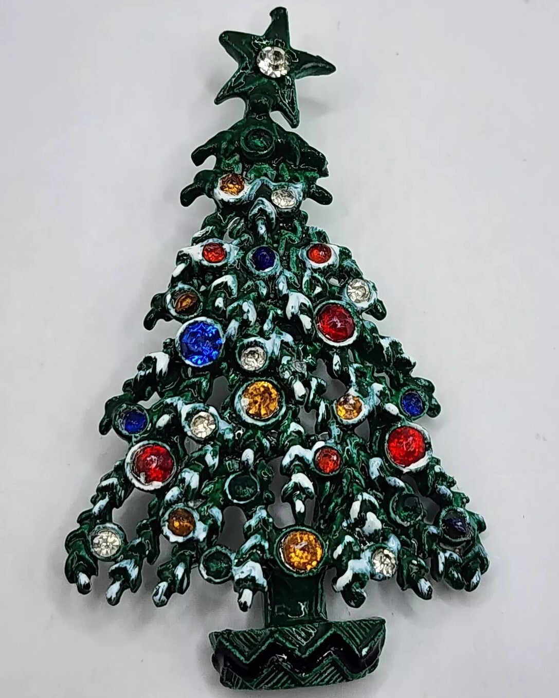 Vintage Christmas Tree Brooch VTG Rhinestone Ornaments And Snowy Branches