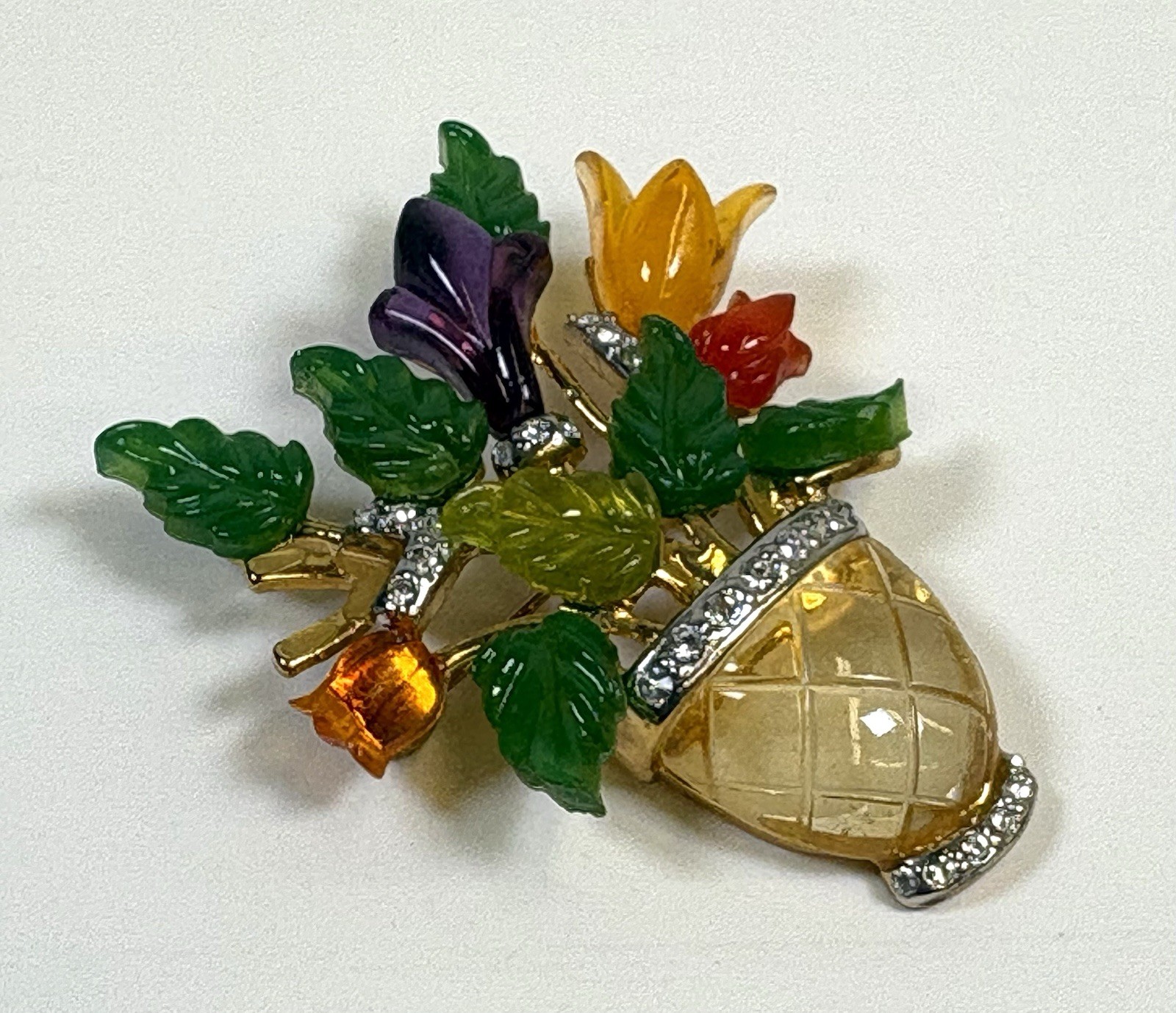 Vintage JC Joseph Cleary Lucite Flower Vase Basket Brooch 1960s MCm