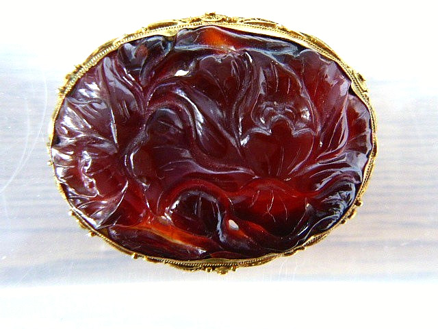 Antique Chinese Export Gilt Silver Carved Carnelian Flower Filigree Pin Brooch