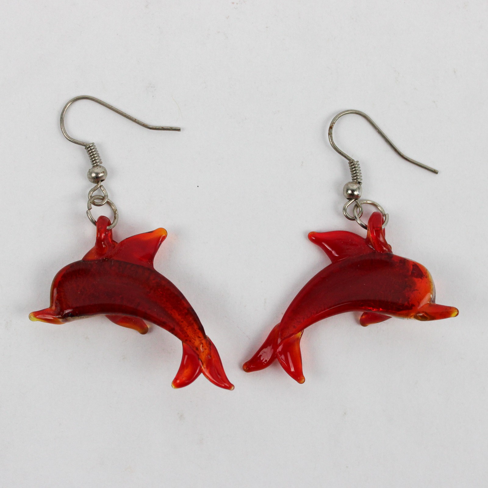 Handblown Glass Orange Dolphin Dangle Drop Earrings 1.5″