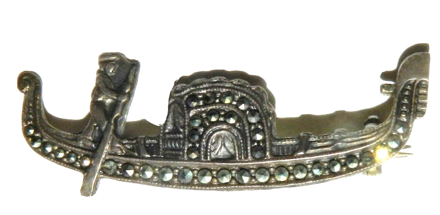 Vintage 800 Silver Italian Venetian Gondola Marcasite pin brooch 43 mm Used