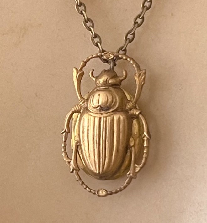 Scarab Necklace W/ Hidden Locket Stashbox Large Brass Egyptian Revival Pendant