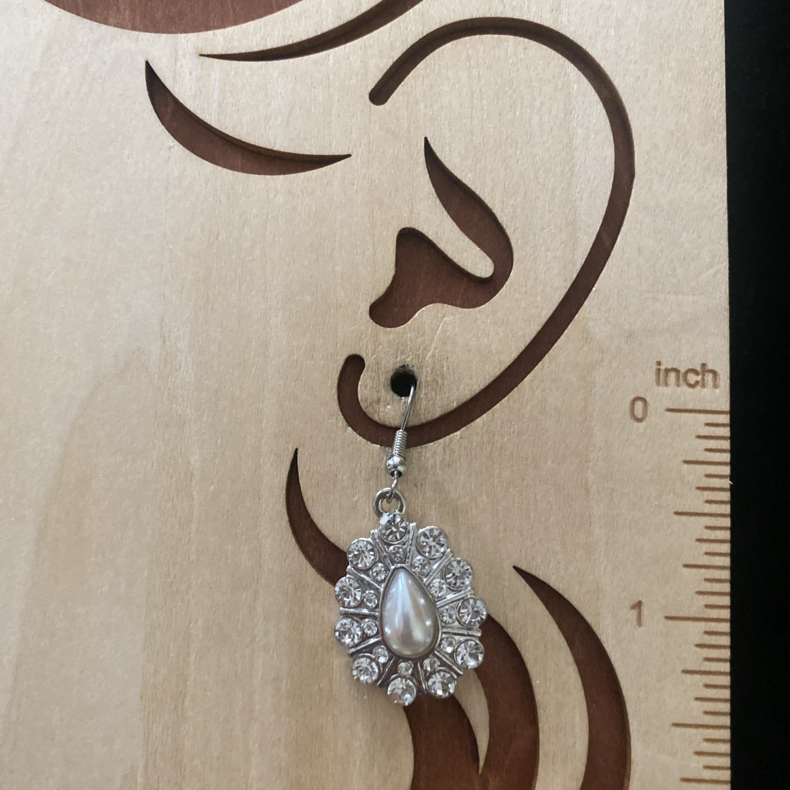 Vintage Earrings Faux Pearl & Rhinestone Teardrop Dangle Silver Tone Statement