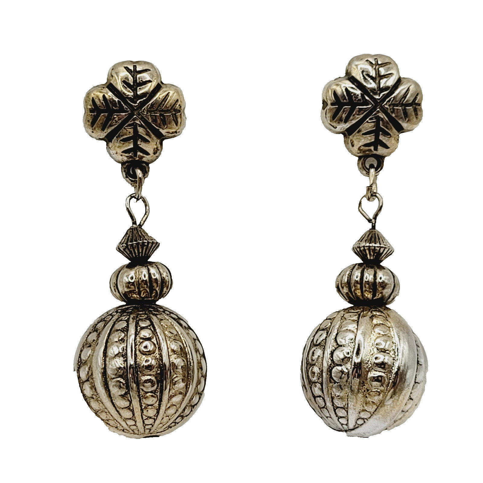 Four Leaf Clover Ornament Ball Drop Dangle Silver Tone Vintage Pierced Earrings