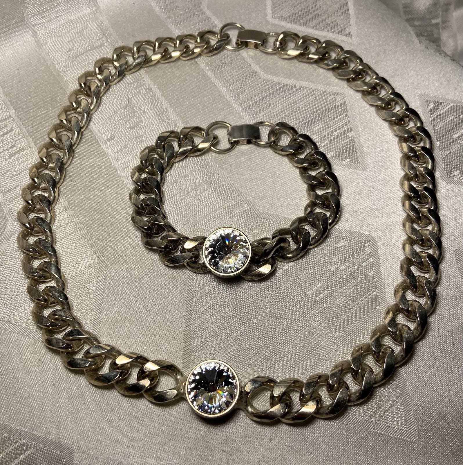 Vintage Curb Link Chain W/Crystal Center Stone Statment Necklace & Bracelet Set