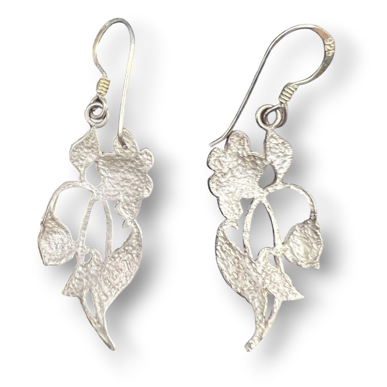 Sterling Silver 925 Floral Dangle Earrings Hand Cut Diamond Cut Leaves Vintage