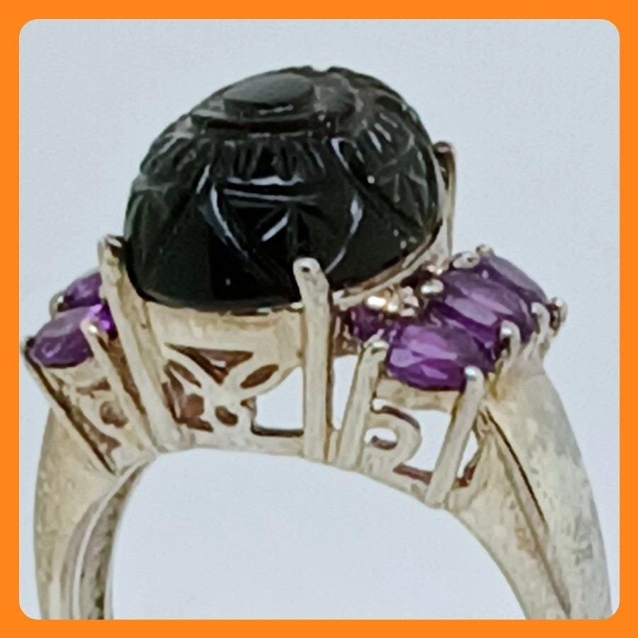 Vintage 1990s Thailand CBS 925 Sterling Silver Carved Onyx Amethyst Ring Size 8