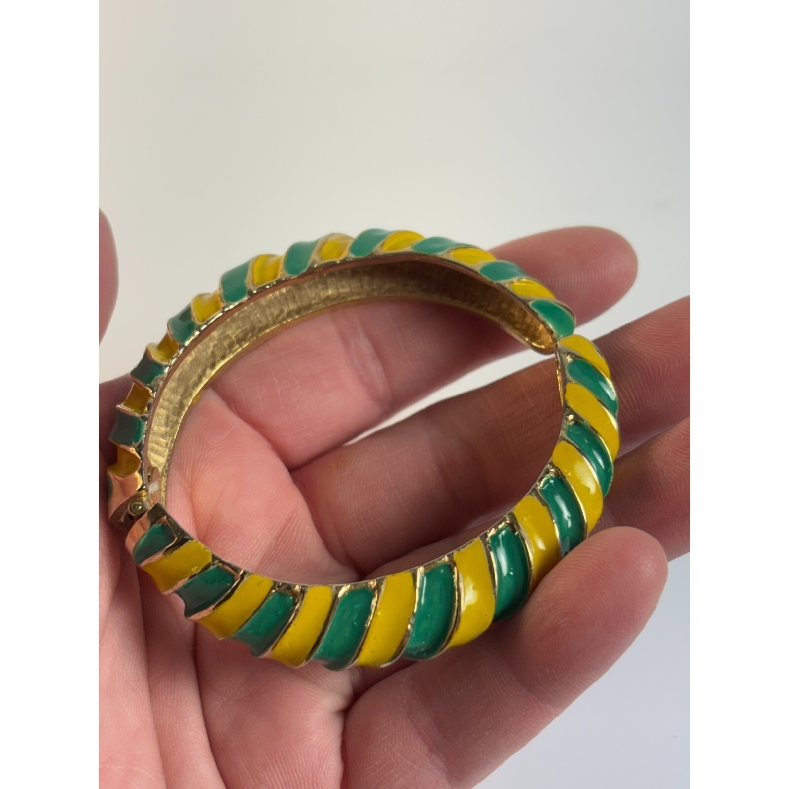 Bracelet Cuff Gold Tone Green Yellow Enamel Signed Les Bernard Vintage Hinged