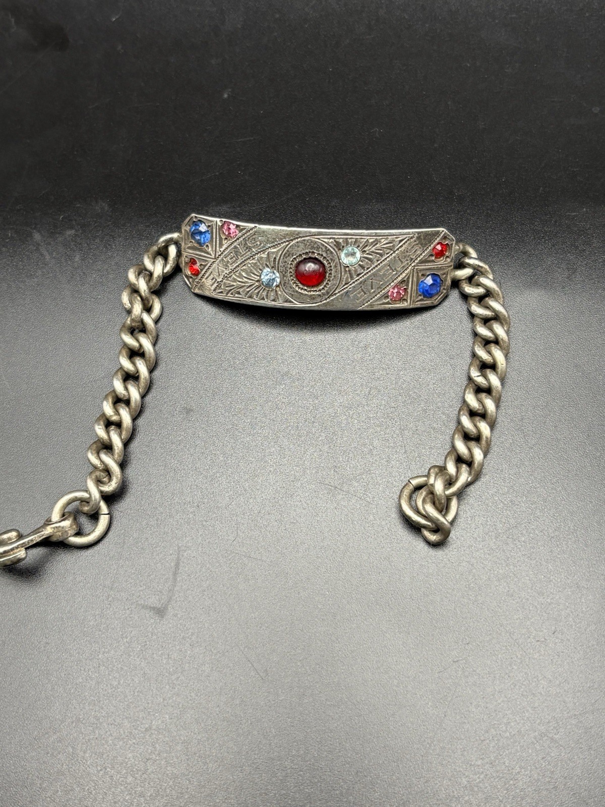 Vintage Sterling Silver ID Men Bracelet Engrave Steve Color Stone Heavy 46g 8”